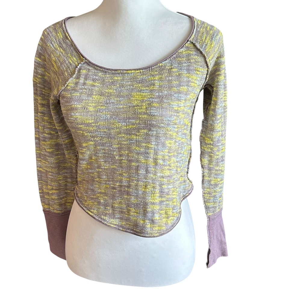 We The Free Top XS Lavender Yellow‎ Spaced Out Knit Thumb Hole Top Long Sleeve